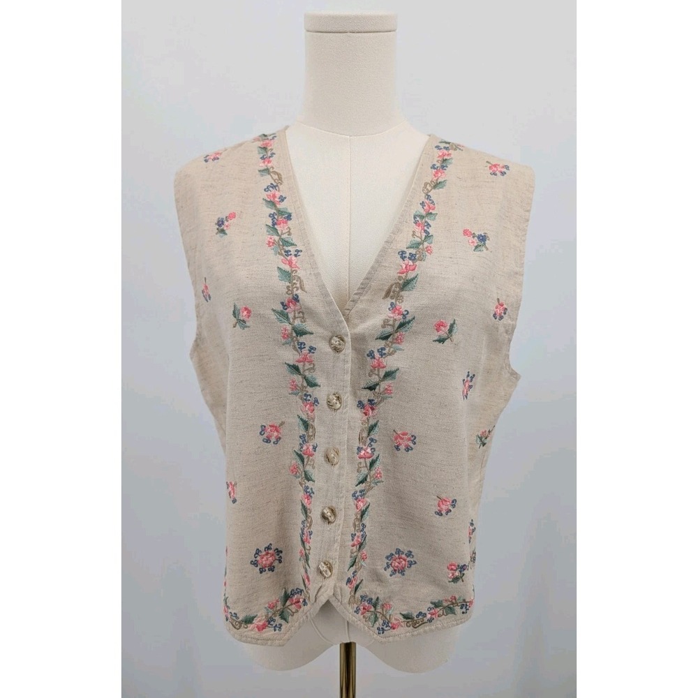Vintage Northcrest‎ Linen Blend Embroidered Vest Size M Grandmacore Cottagecore